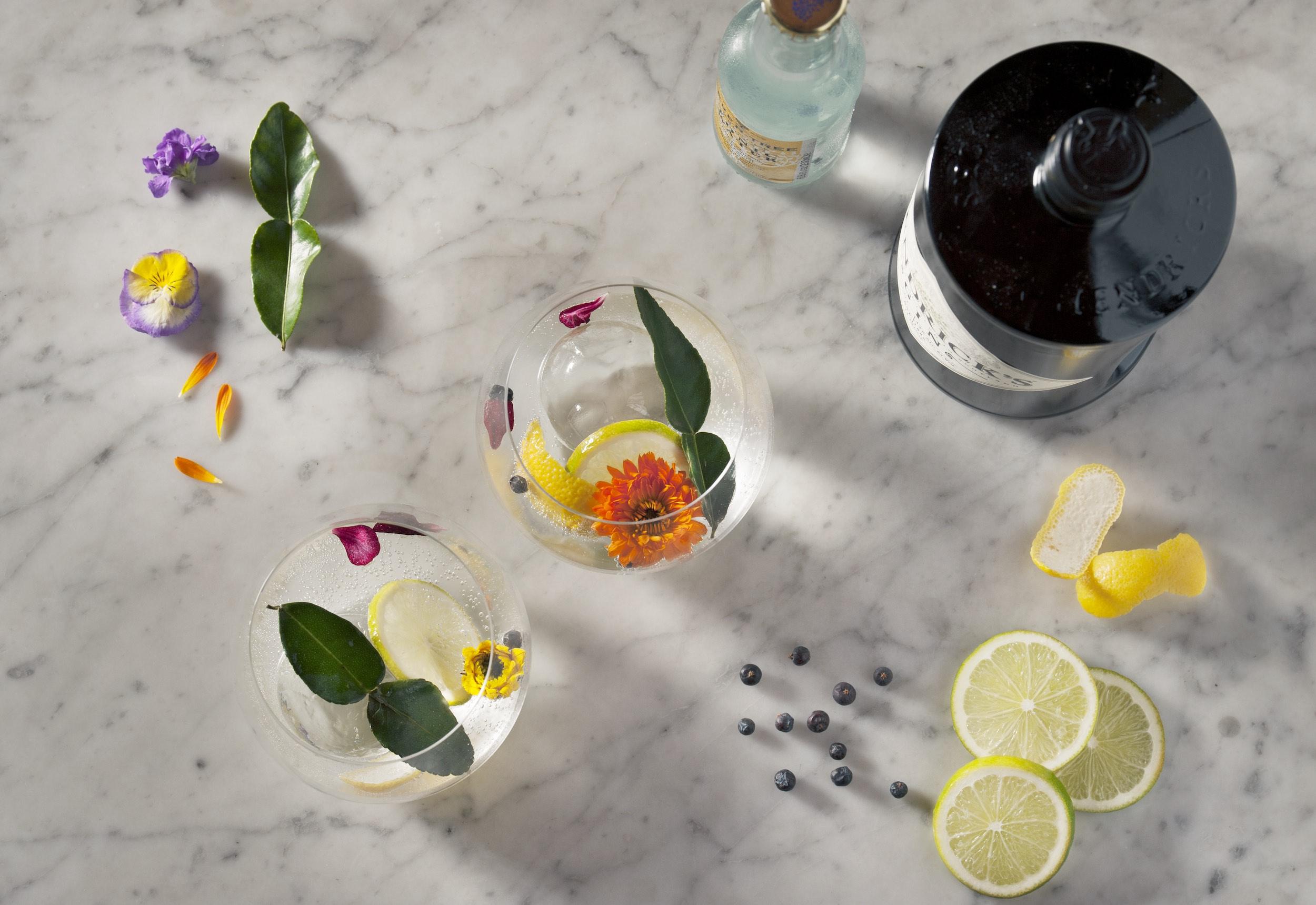 Zitrusfrüchte, Blumen und Zutaten für Gin Tonic